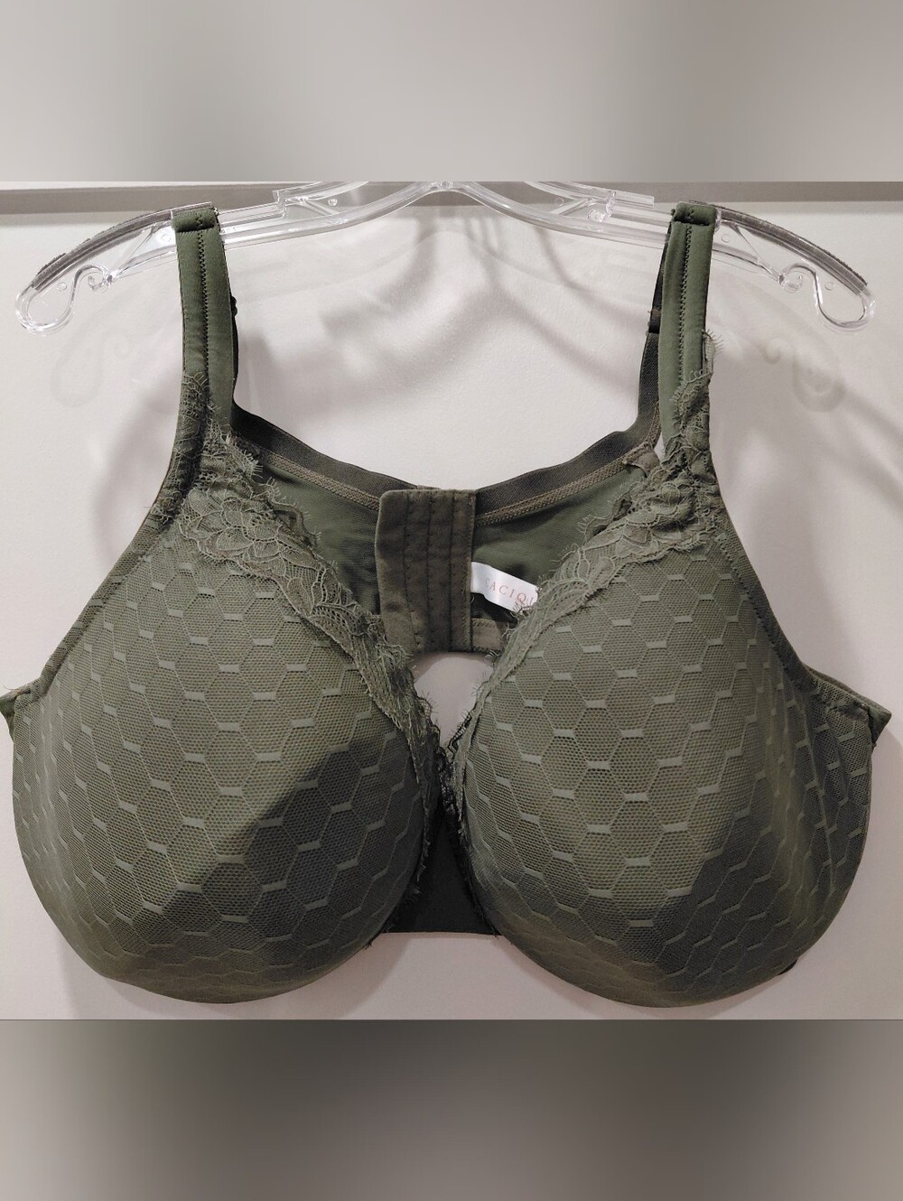 Cacique Sz 46 DDD Olive Green Lace-Trim Full Coverage Bra